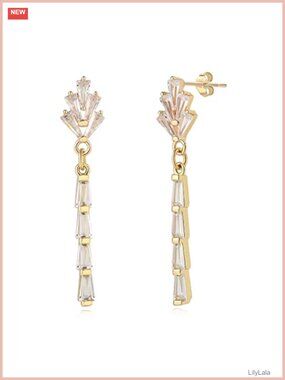 Art Deco Earrings Women 14K Gold Plated Cubic Zirconia Long Drop Dangle